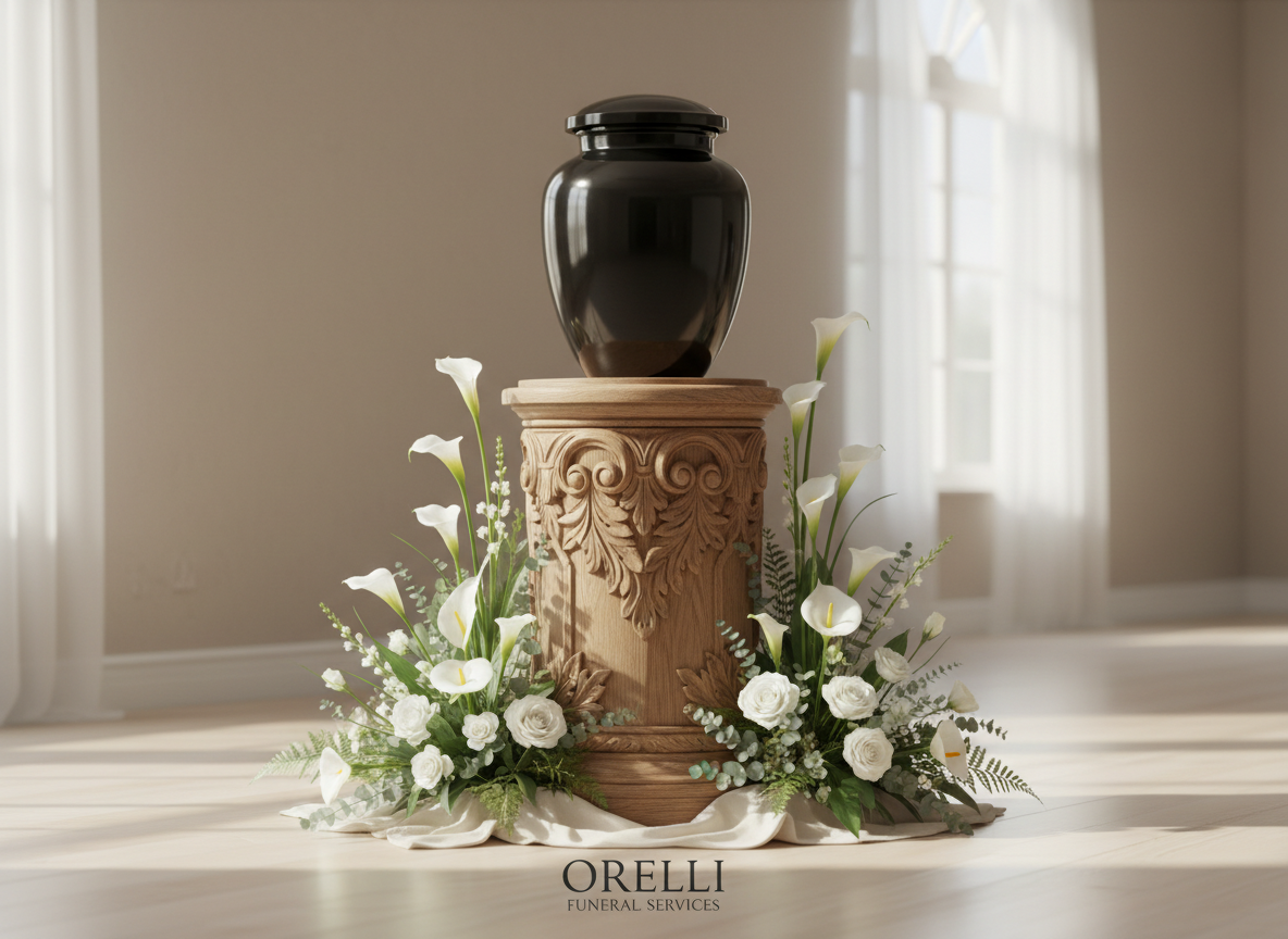 A highly polished, elegant black granite funeral urn sits atop an ornate oak pedestal with intricate carved flourishes, surrounded by delicate arrangements of pure white lilies and muted greenery. The urn gleams under soft, diffused natural light coming from an unseen window, creating gentle highlights along its smooth surface and subtle shadows below. The setting is a serene, tastefully decorated funerary parlor with neutral beige walls and a tranquil atmosphere. Captured at eye-level with a centered, balanced composition, the image conveys a sense of quiet dignity and respectful solemnity. The overall aesthetic is clean, modern, and understated, perfectly reflecting the professional and compassionate services of Orelli.