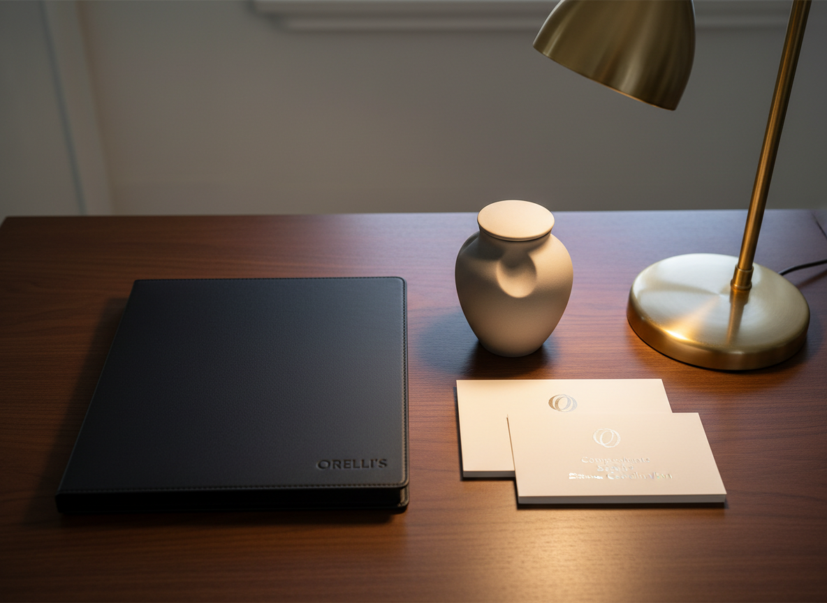 A tastefully organized funeral service kit comprising a matte black portfolio folder, a stack of ivory stationery with silver embossing, and a small, sculpted ceramic urn. These elements are neatly set on a smooth walnut desk beside a small, polished brass lamp that emits a warm, focused glow. The soft light creates refined highlights and shadow, emphasizing the textures of the materials. The scene is framed from a top-down, bird’s eye view, creating an organized, calm, and professional atmosphere. The overall style is clean and modern, suggesting Orelli’s commitment to efficient, compassionate service coordination.