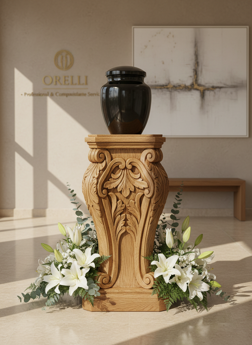 A highly polished, elegant black granite funeral urn sits atop an ornate oak pedestal with intricate carved flourishes, surrounded by delicate arrangements of pure white lilies and muted greenery. The urn gleams under soft, diffused natural light coming from an unseen window, creating gentle highlights along its smooth surface and subtle shadows below. The setting is a serene, tastefully decorated funerary parlor with neutral beige walls and a tranquil atmosphere. Captured at eye-level with a centered, balanced composition, the image conveys a sense of quiet dignity and respectful solemnity. The overall aesthetic is clean, modern, and understated, perfectly reflecting the professional and compassionate services of Orelli.