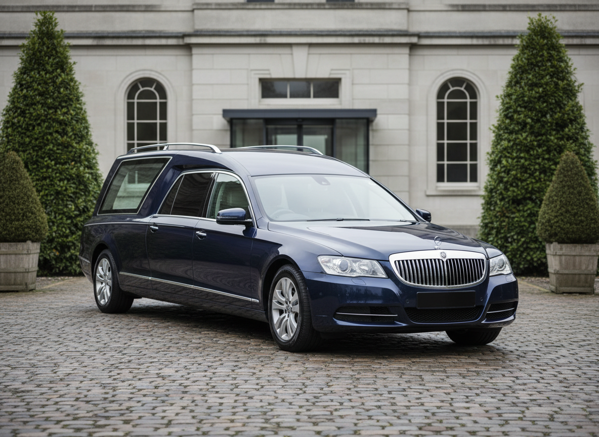 A premium funeral vehicle, specifically a sleek, deep navy blue hearse with chrome detailing and tinted windows, parked on a quiet cobblestone driveway outside an understated, elegant funerary building. The vehicle's glossy surface reflects the soft, overcast daylight, with subtle highlights outlining its contours. Carefully pruned evergreens flank the driveway, adding to the dignified setting. Captured from a low, three-quarter front angle, the composition emphasizes the vehicle’s refined lines and dependability. The mood is composed and respectful, with a modern, high-quality aesthetic that mirrors Orelli’s international service capabilities.