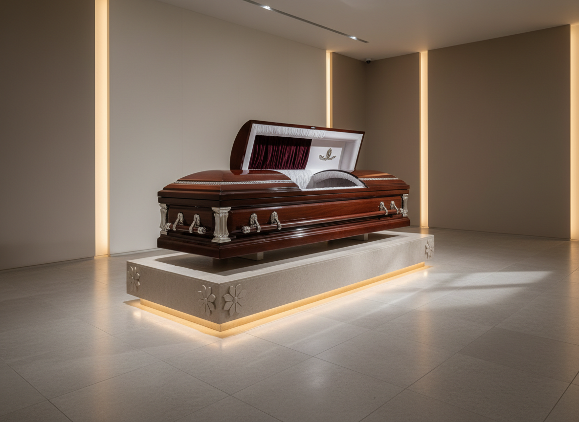 A refined, minimalist display of a luxury funeral casket crafted from glossy, dark mahogany wood with intricate silver accents and a velvet lining visible along the open edge. The casket is elevated on a simple dais adorned with subtle floral motifs, placed within a luminous, softly lit modern showroom with pale stone flooring and tasteful, muted wall colors. Warm, indirect lighting highlights the luster and grain of the wood, while casting faint, elegant shadows on the surroundings. Shot from a slightly elevated angle with a shallow depth of field, the mood is quiet and sophisticated, embodying reassurance and quality. The composition is clean and uncluttered, aligning with a modern, high-end aesthetic.